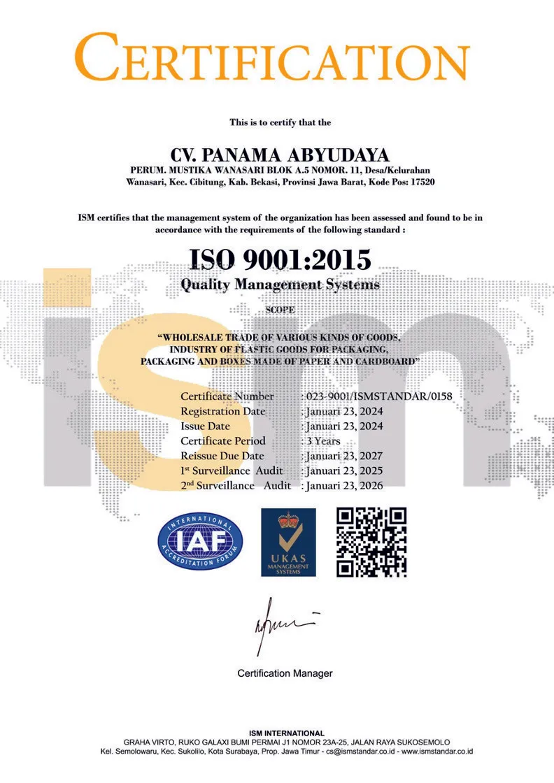 Sertifikat ISO 9001:2015 CV. Panama Abyudaya